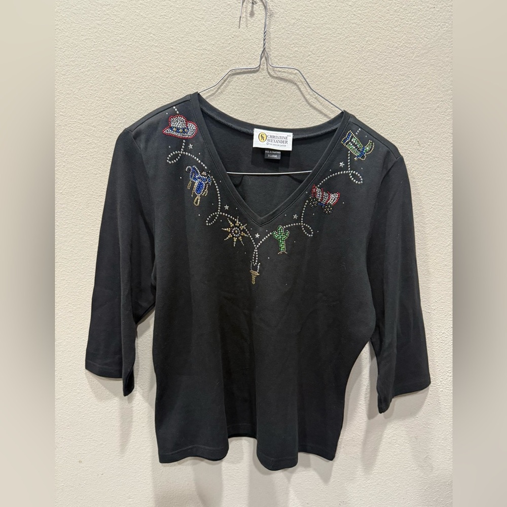 Christine Alexander Vintage Black V-Neck Sweater with Rhinestones Embellishments
